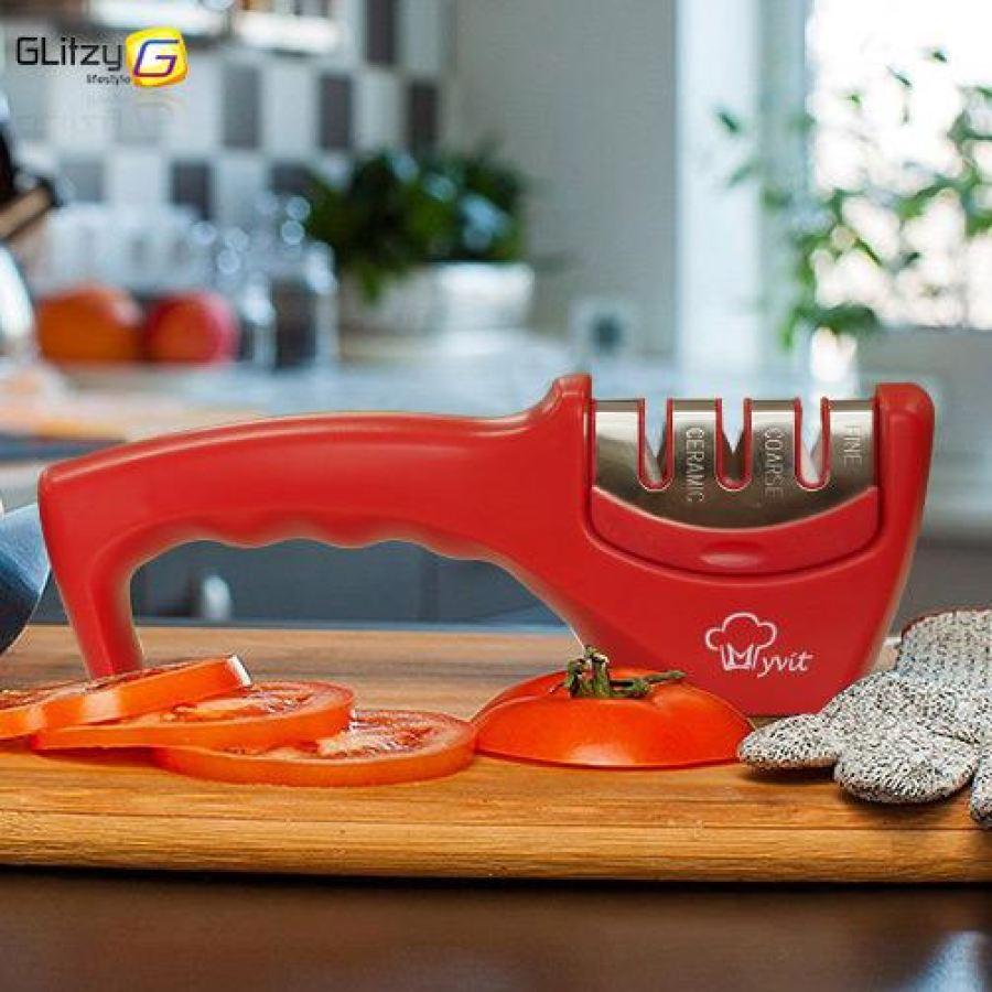 Multisharp Professional Knife Sharpener With Diamond Infused Tungsten Steel And Ceramic Sharpening Edges Red